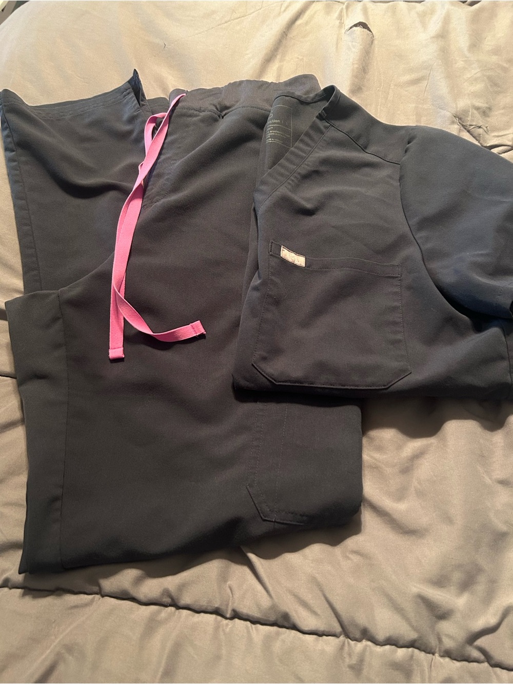 Figs Greyish/Blue Scrub Pants with Pink Drawstring